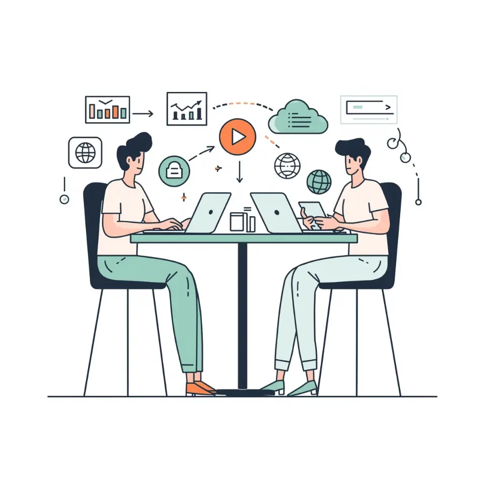 Digital marketing teamwork illustration showing two people analyzing data, charts, and social media icons. Digital marketing teamwork illustration showing two people analyzing data, charts, and social media icons.