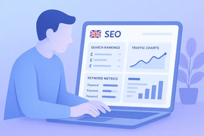 Minimal flat illustration of a digital marketer analyzing a UK SEO dashboard on a laptop, showing search rankings, traffic charts and keyword metrics with blue and purple gradients.