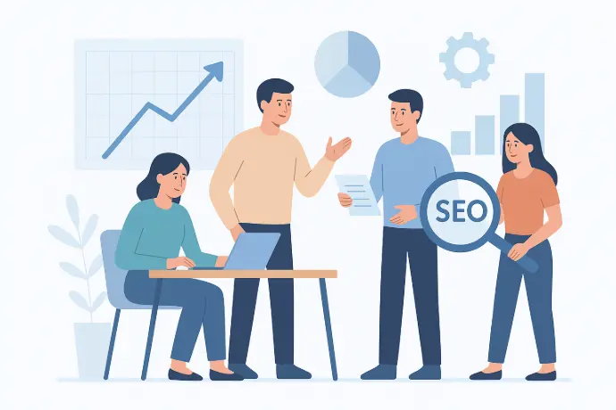 Flat minimal illustration of an SEO team collaborating in a workspace with charts, analytics, growth arrows, and data reports, representing digital marketing and website optimisation.