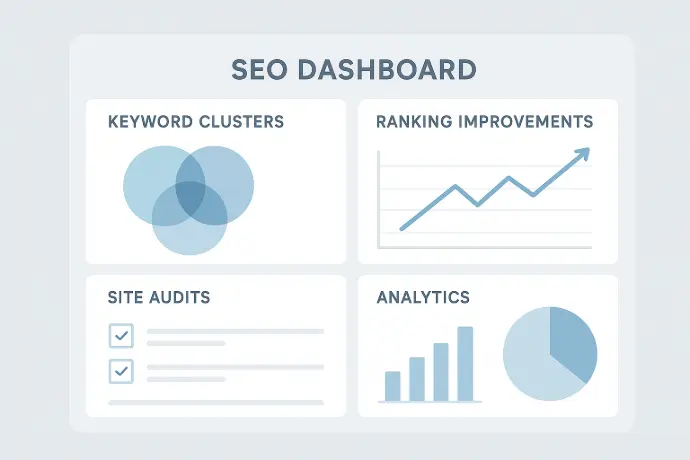 Minimal digital illustration of an SEO dashboard showing keyword clusters, ranking improvements, site audit checklists, and analytics graphs in light blue tones with a clean modern UI.