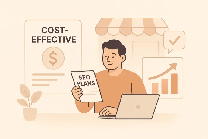 Warm minimal illustration of a small American business owner reviewing affordable SEO plans, with growth charts and soft pastel colours, conveying an approachable and budget-friendly feel.
