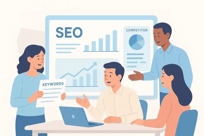 Friendly modern illustration of a marketing team collaborating on a USA-focused SEO strategy, discussing keyword sheets, analytics dashboards, and competitor charts on a shared screen in pastel tones.