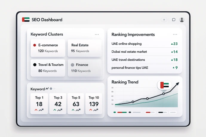 SEO dashboard interface styled with subtle UAE colors, showing keyword clusters, ranking improvements, top keyword positions, and a rising ranking trend graph with Emirati-themed UI elements.