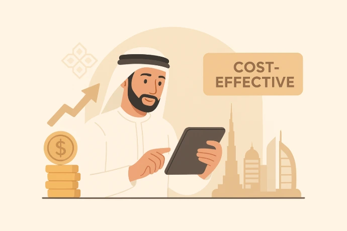 Flat-style illustration of a UAE business owner in traditional attire analyzing SEO analytics on a tablet, with gold coins, upward growth arrows, and the Dubai skyline including Burj Khalifa and Burj Al Arab in the background.