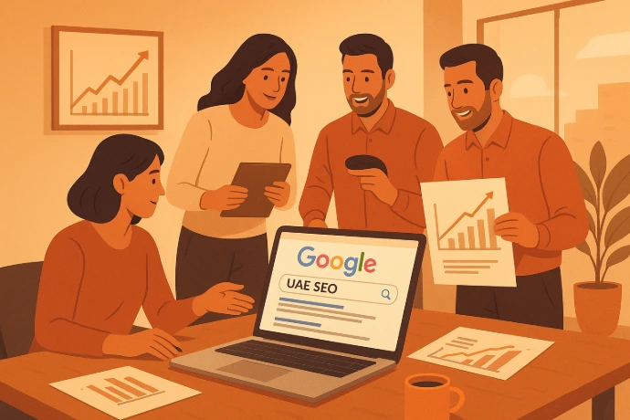 Four marketers collaborate around a table in a warm-toned modern office, reviewing UAE SEO results on a laptop displaying a Google search page. Charts with upward trends are shown on papers and a wall frame as they discuss strategy.