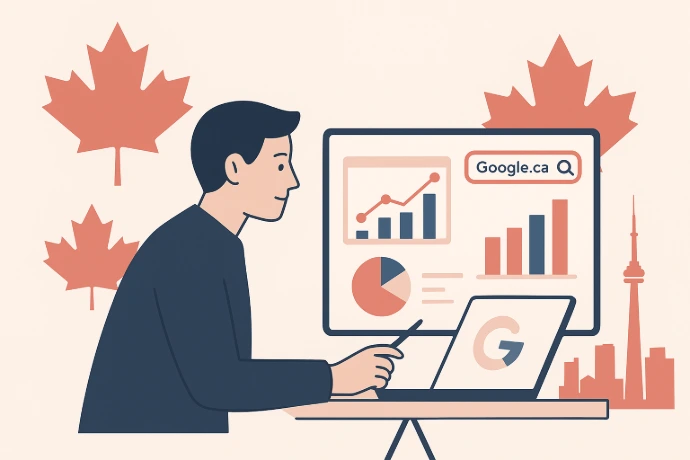 Canadian digital marketer analyzing SEO ranking and traffic graphs with Google.ca dashboard and maple leaf accents.