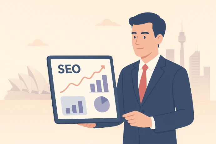 Clean flat illustration of a business consultant in a suit holding a tablet displaying SEO charts, with the Sydney Opera House and an Australian city skyline in the background.
