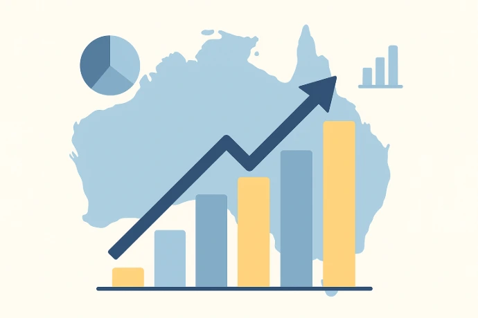 Flat illustration of rising business growth bar charts in blue and yellow with an upward arrow, displayed over a light map outline of Australia, representing analytics and performance growth.